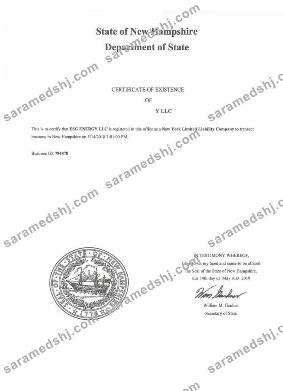USA New Hampshire certificate of good standing